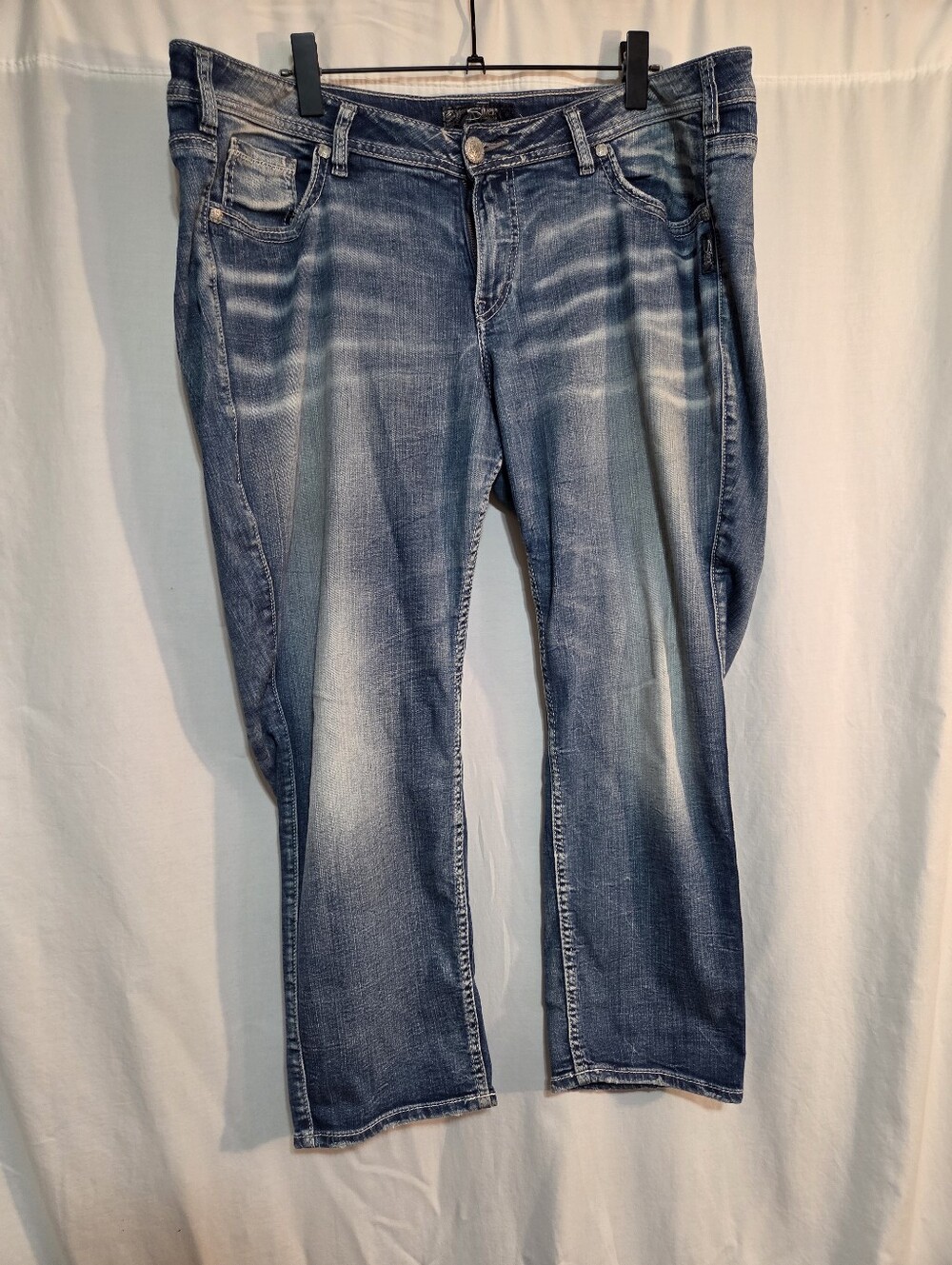 Silver Size 20 Distressed Straight-Leg Cropped Jeans